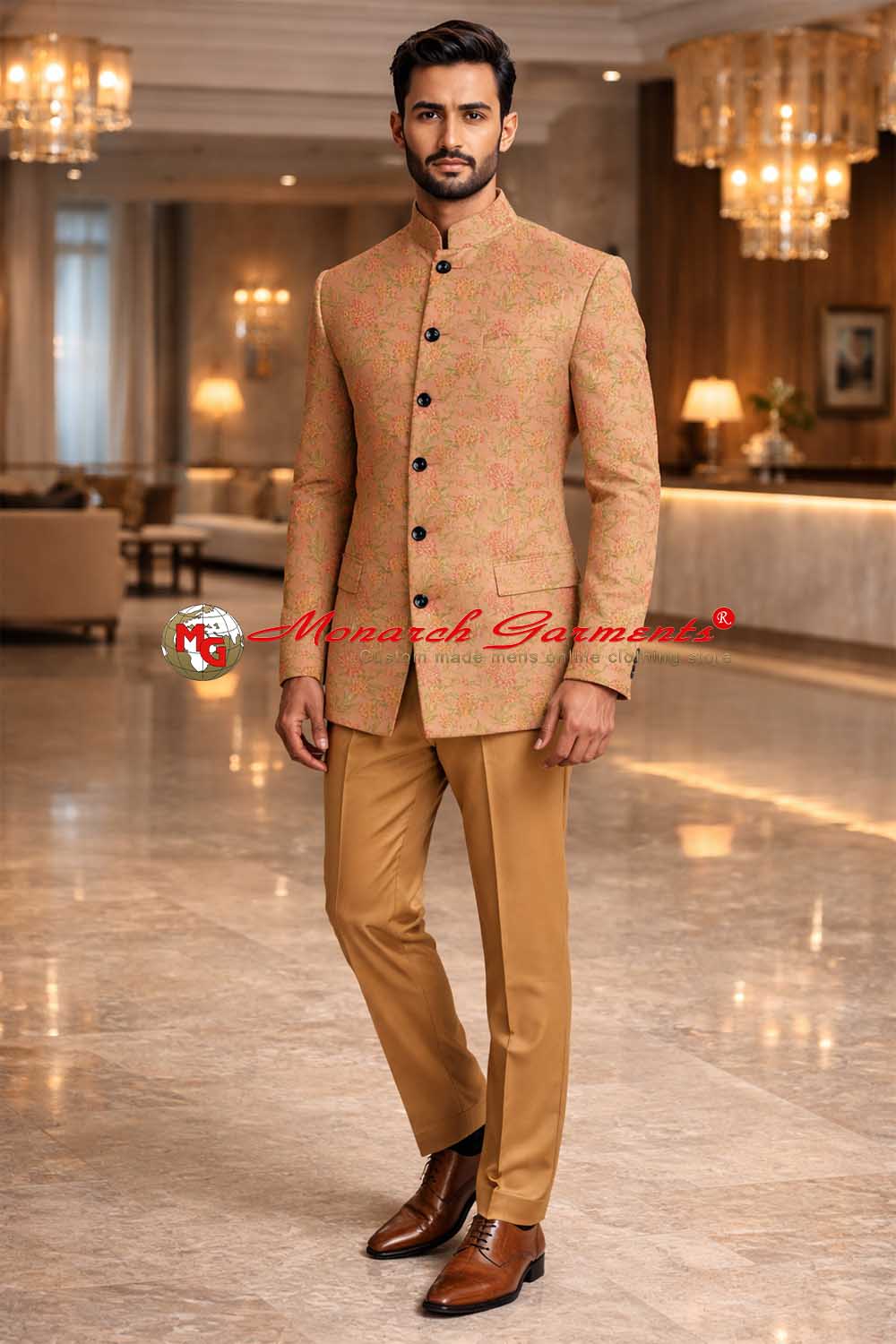 Orange floral Jodhpuri bandhgala suit with matching trousers for Indian wedding by Monarch Garments