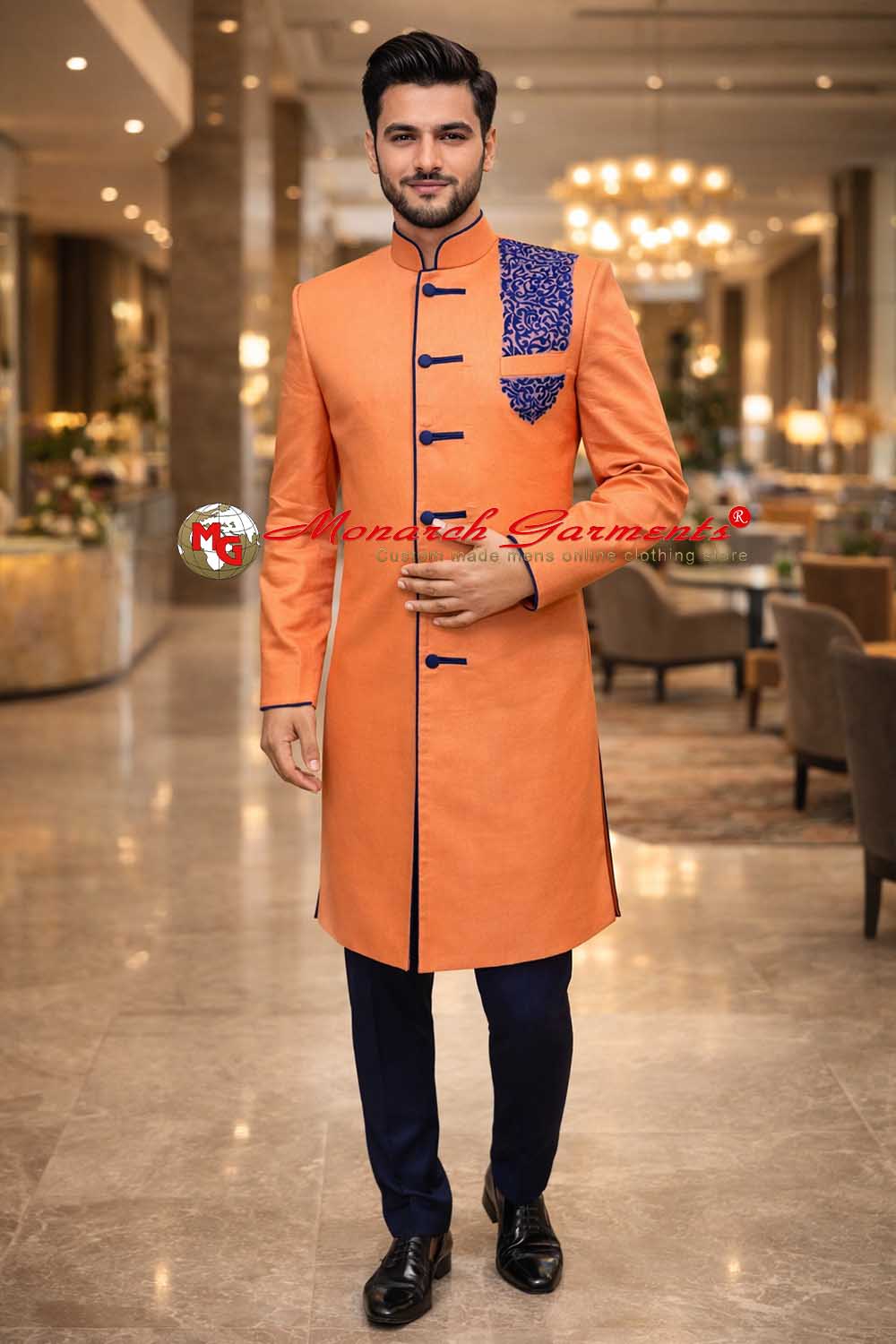 Orange linen Indo Western suit for men with blue embroidery and contrast piping