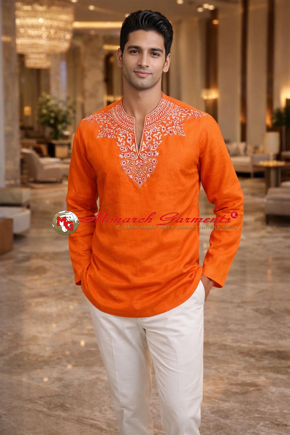 Orange embroidered linen tunic for men V-neck summer wedding wear India