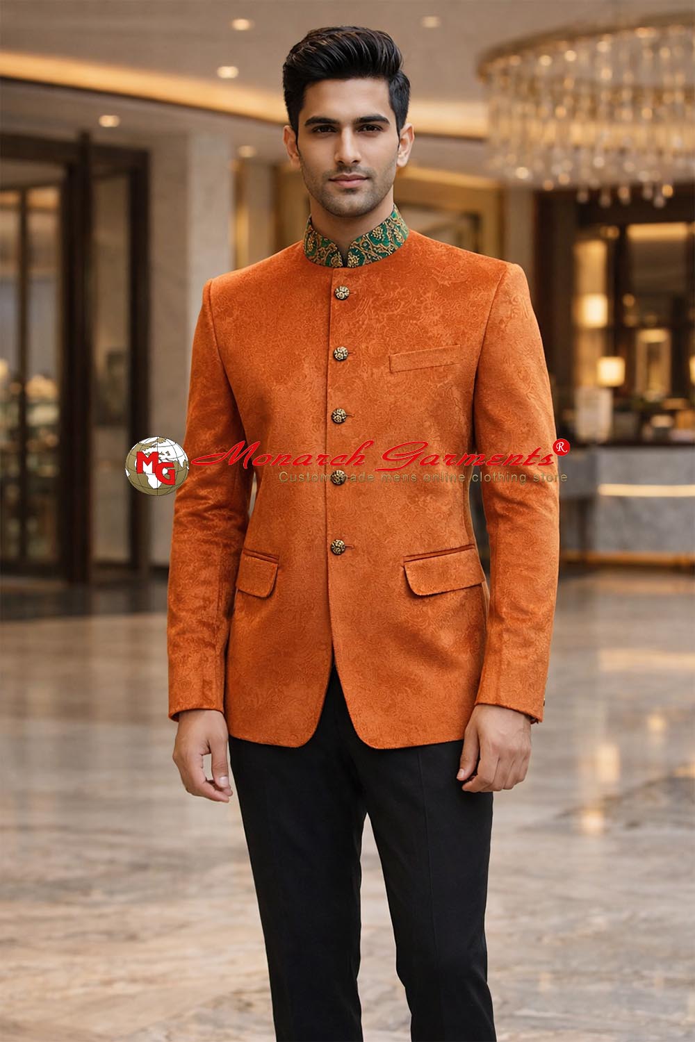 Orange velvet Jodhpuri suit for men with brocade collar and black trouser