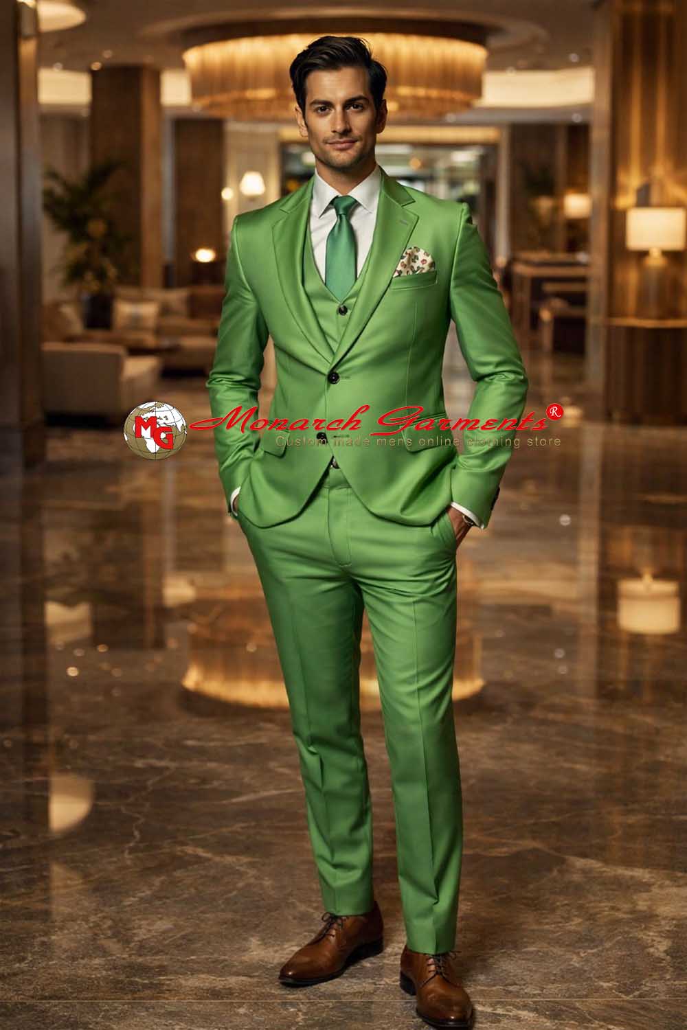 Parrot green 3 piece suit for men slim fit with blazer vest and trousers for wedding wear India