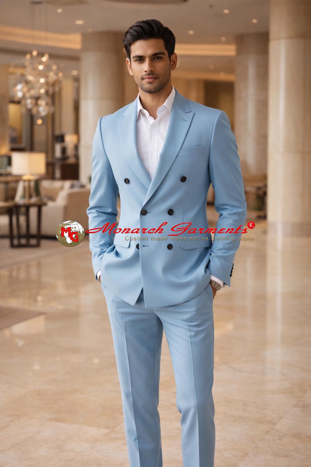 Pastel blue double breasted suit for men slim fit with blazer and trousers for summer wedding wear India