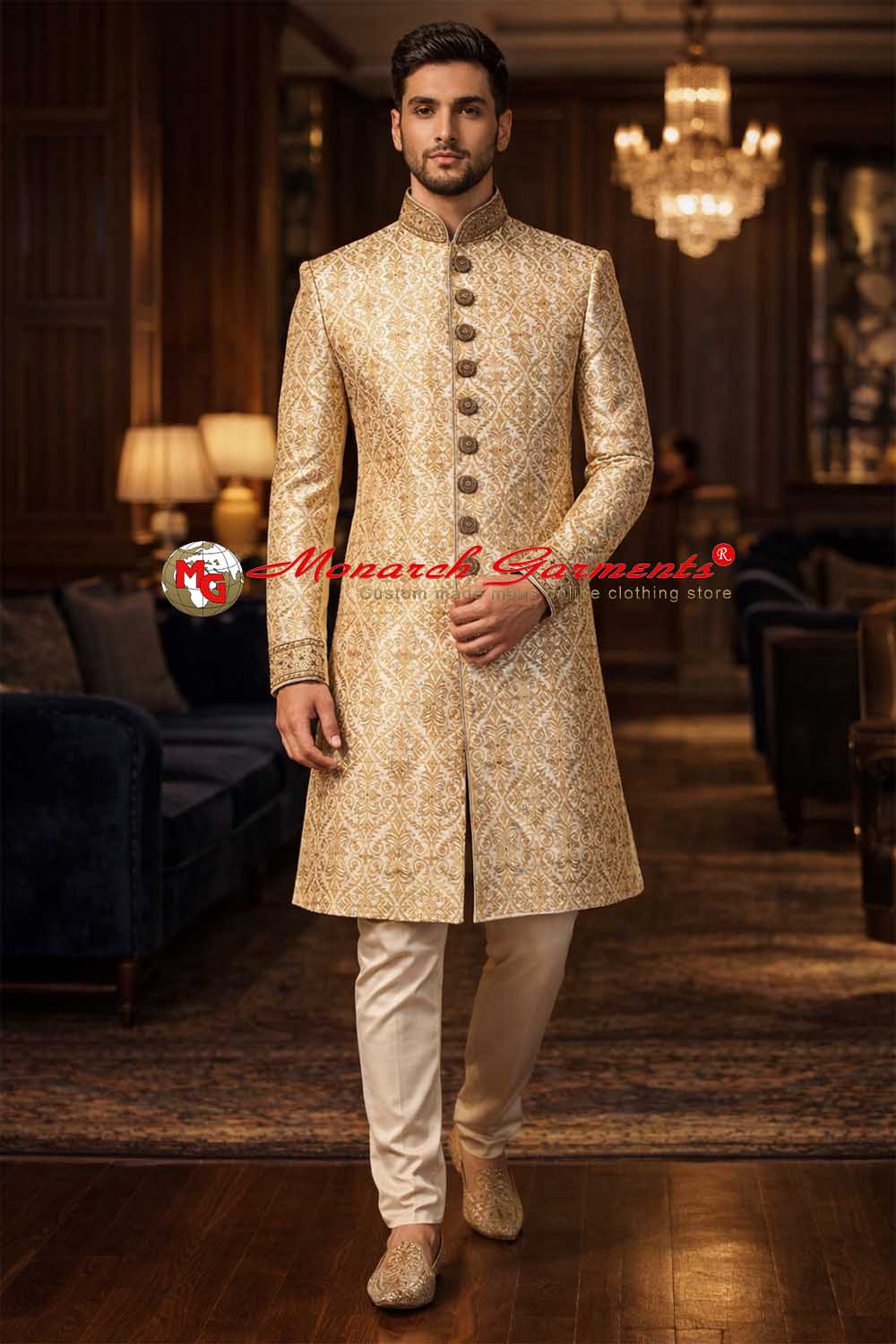Peach dupion silk Indo Western suit with embroidery and maroon velvet salwar for men wedding wear
