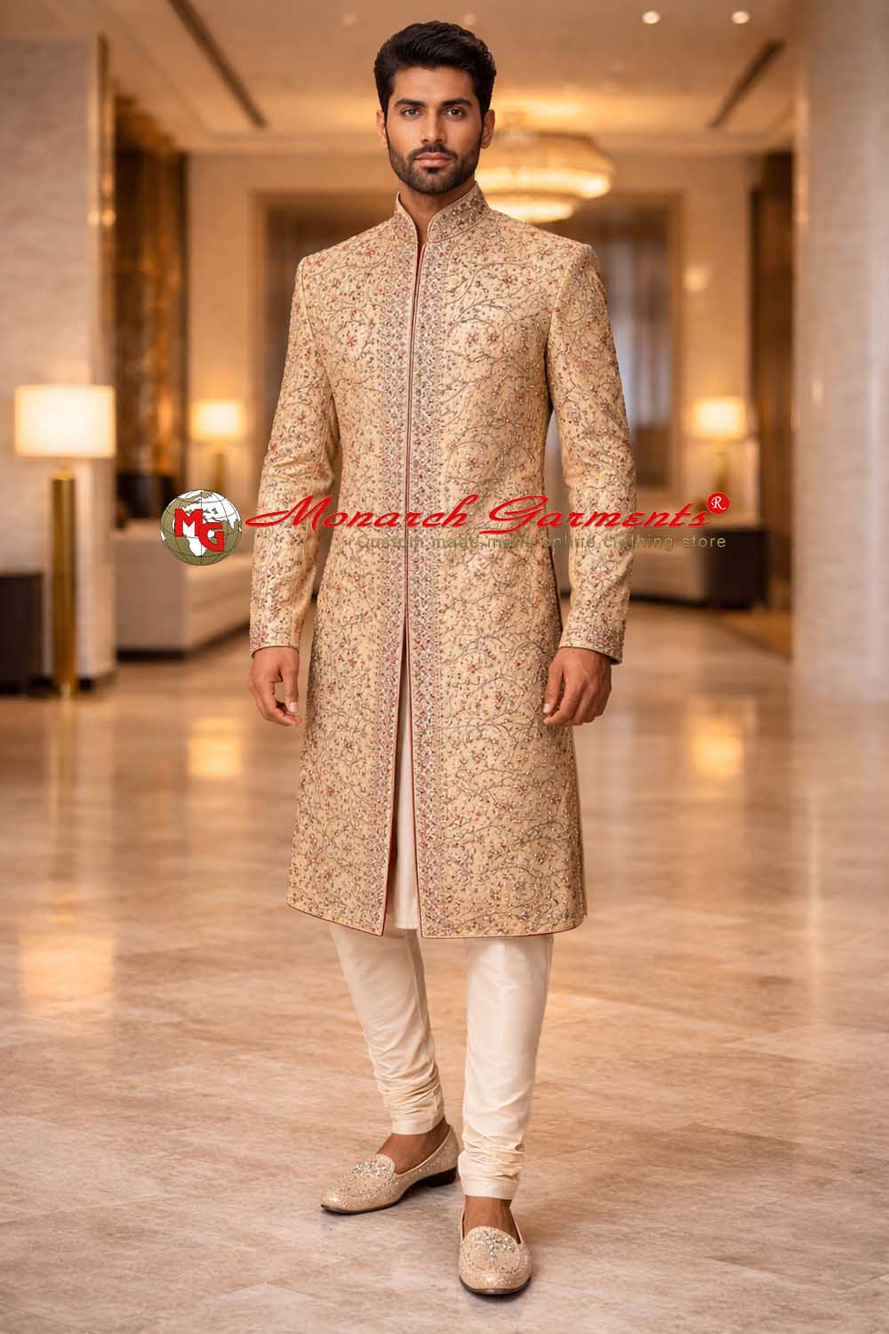 Men wearing peach embroidered dupion sherwani with white churidar for wedding and festive occasions