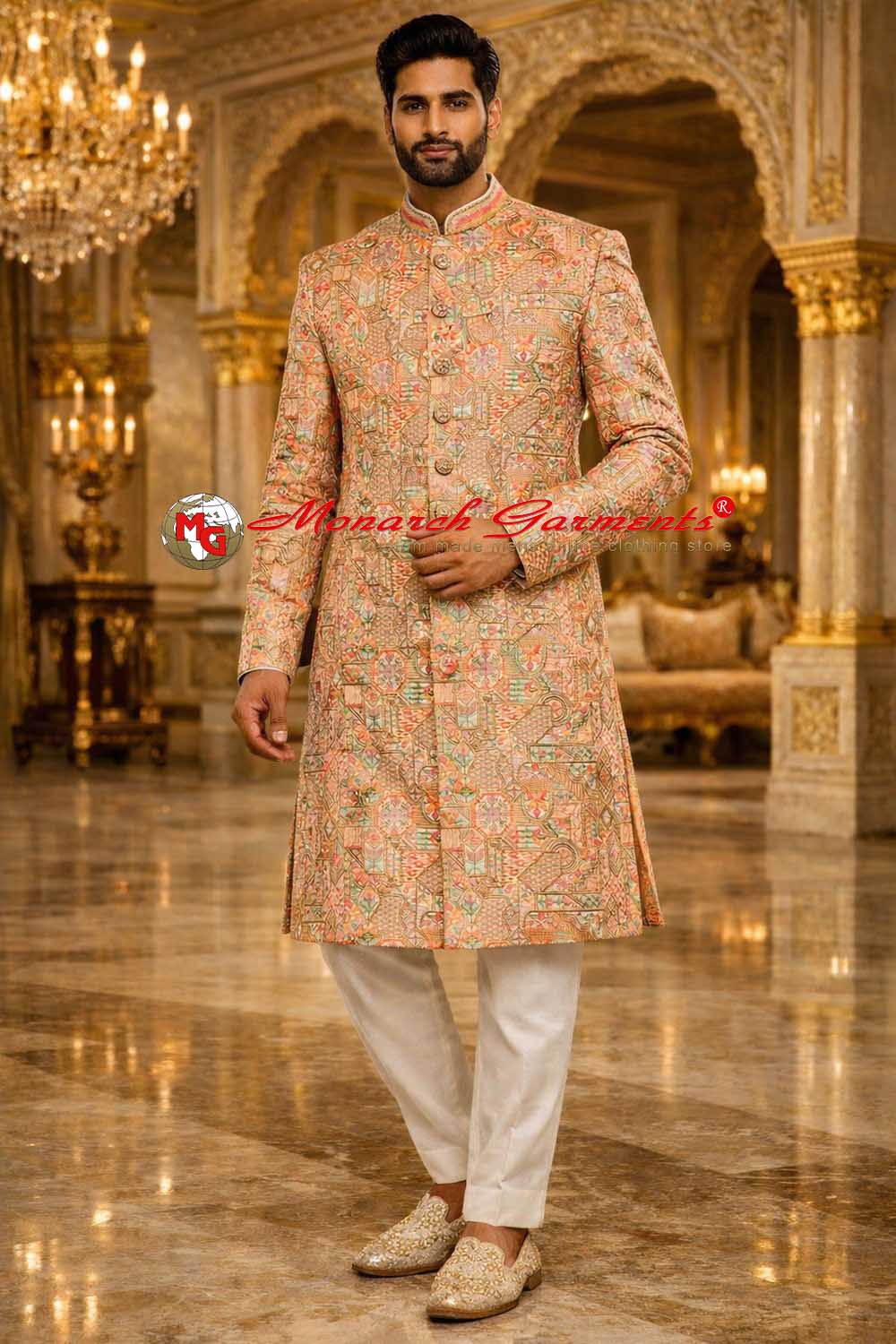 Peach embroidered groom sherwani with royal heritage motifs for Indian wedding ceremonies by Monarch Garments