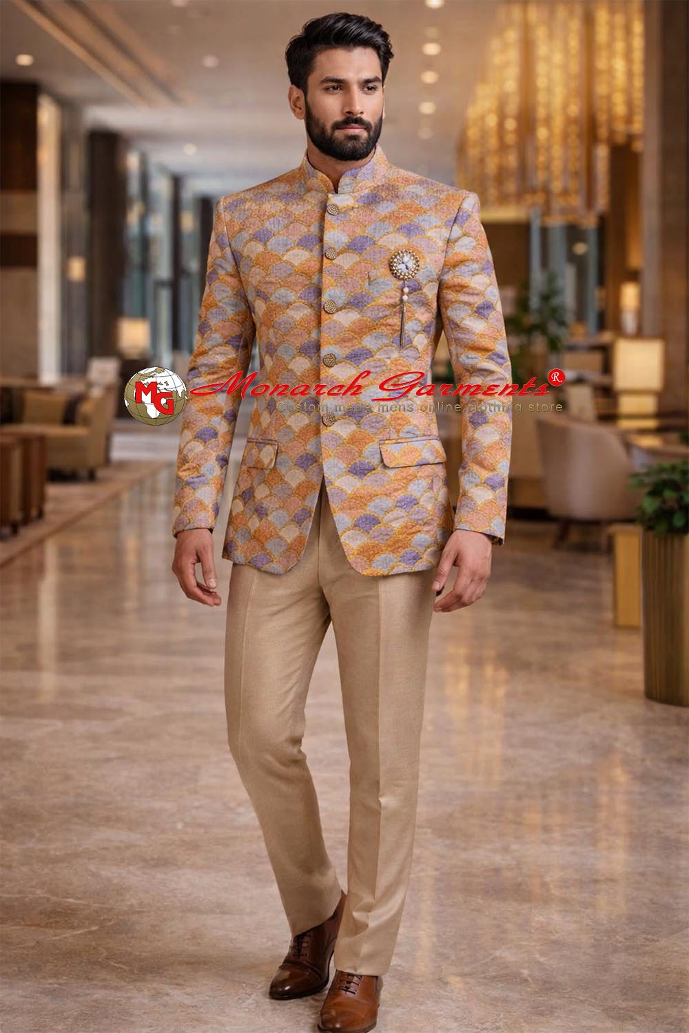 Peach self design Jodhpuri suit for men with beige silk trousers slim fit