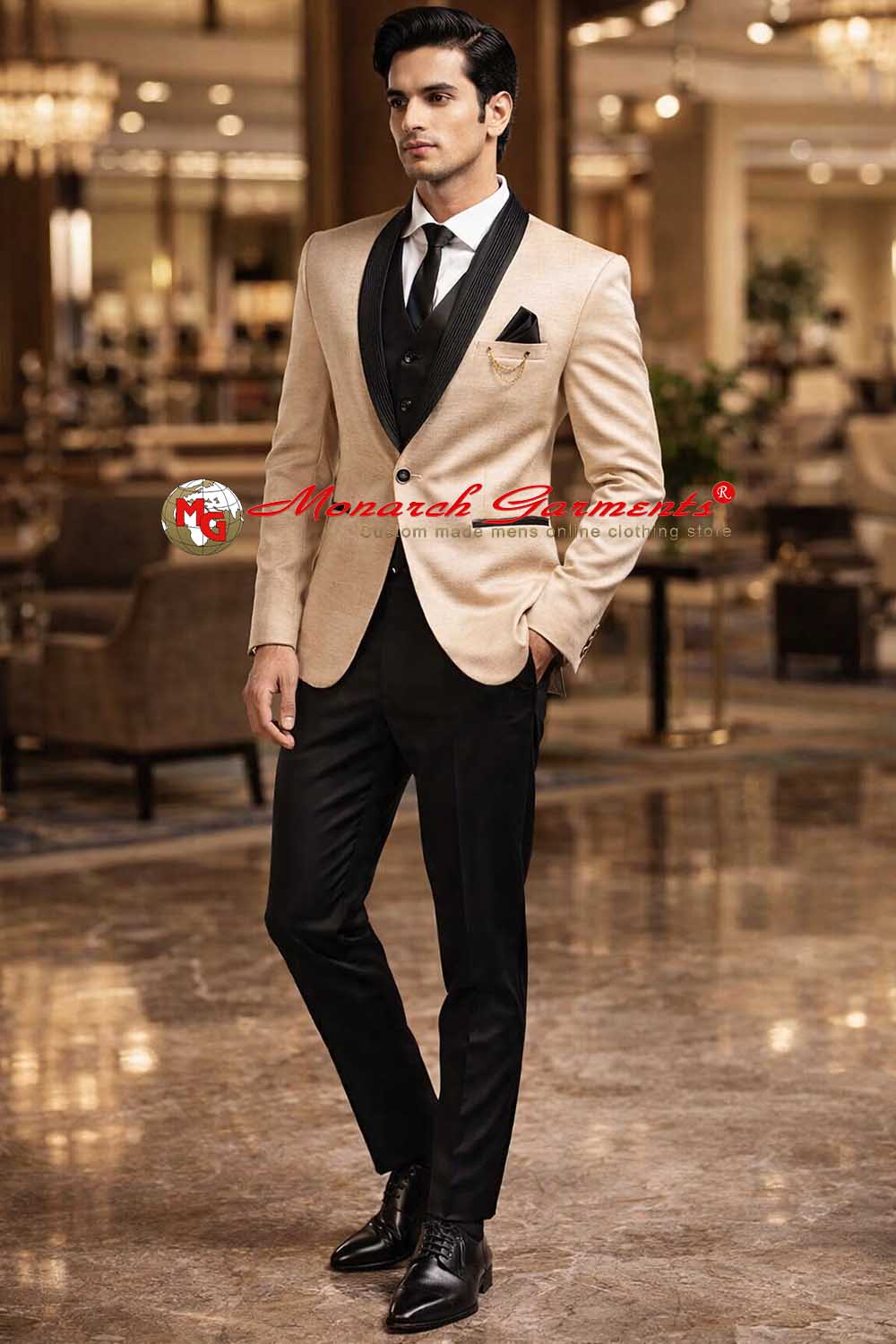 Peach shawl lapel tuxedo suit for men with black contrast slim fit wedding formal outfit