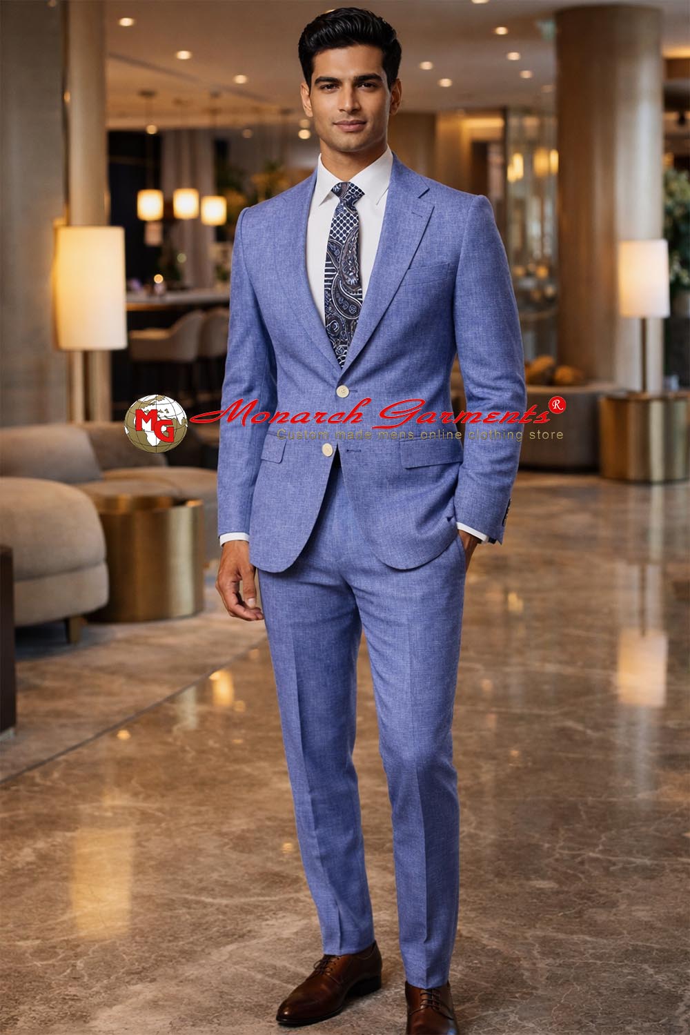 Persian blue linen suit for men slim fit 4 piece wedding set India