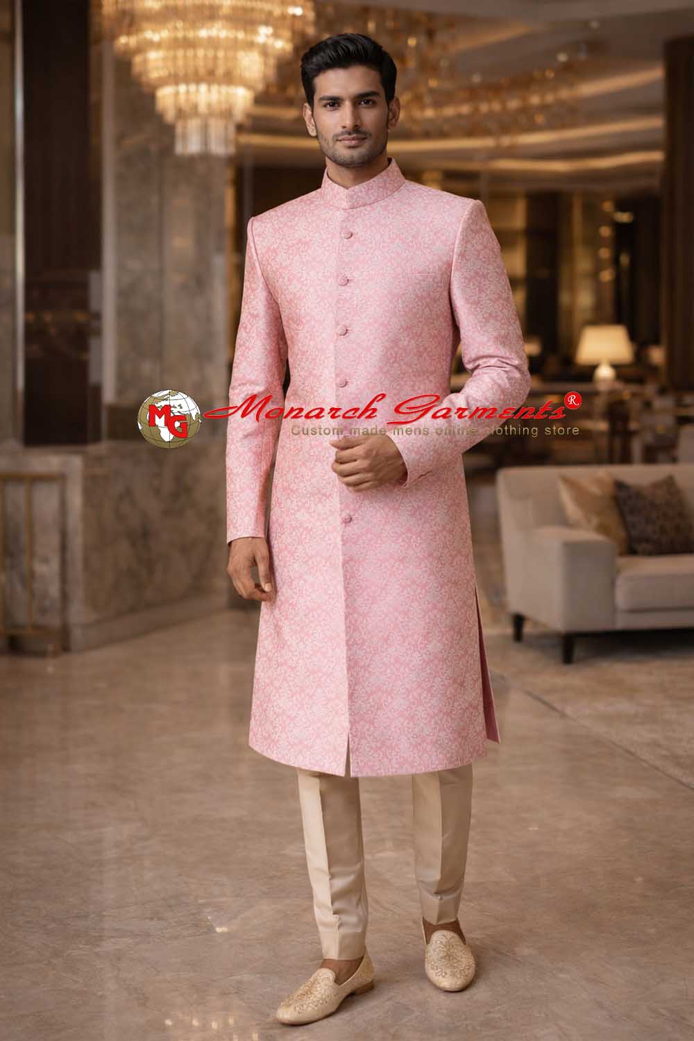 Pink brocade Indo Western suit for men with golden trouser wedding outfit India