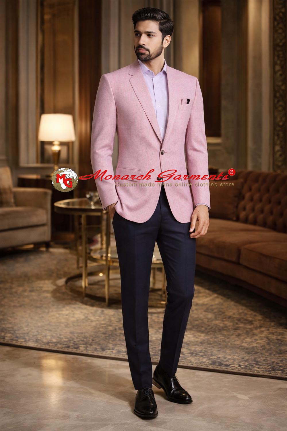 Pink checkered pure linen slim fit blazer for men with pocket square by Monarch Garments