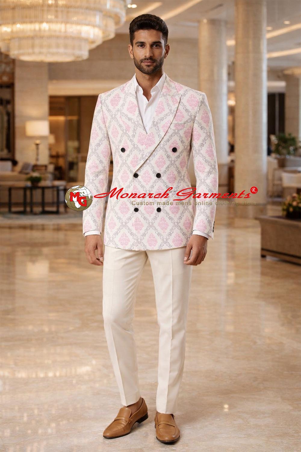 Men wearing pink jacquard double breasted blazer with white trousers for wedding and ethnic occasions