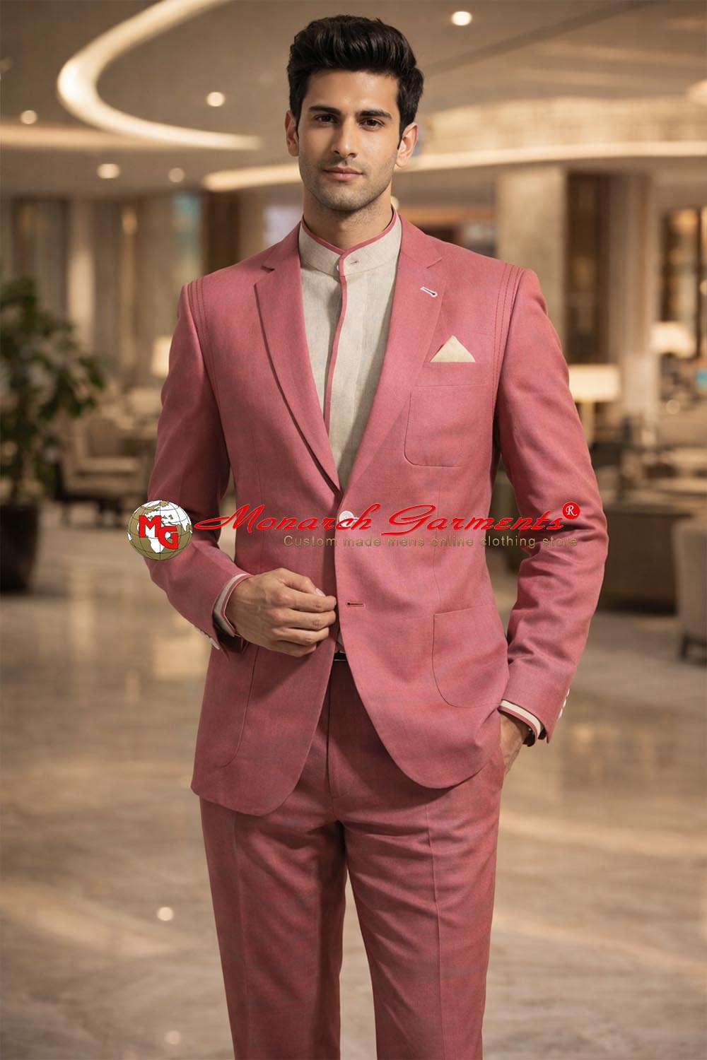 Pink linen wedding suit for men slim fit 4 piece formal wear India