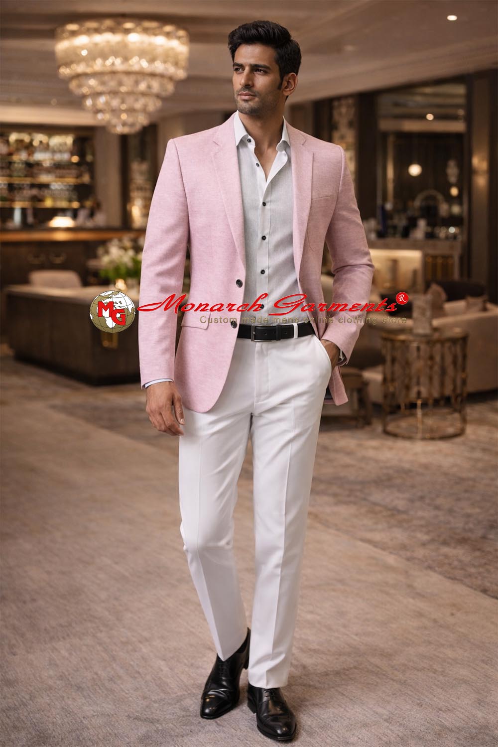 Pink slim fit linen casual blazer for men by Monarch Garments