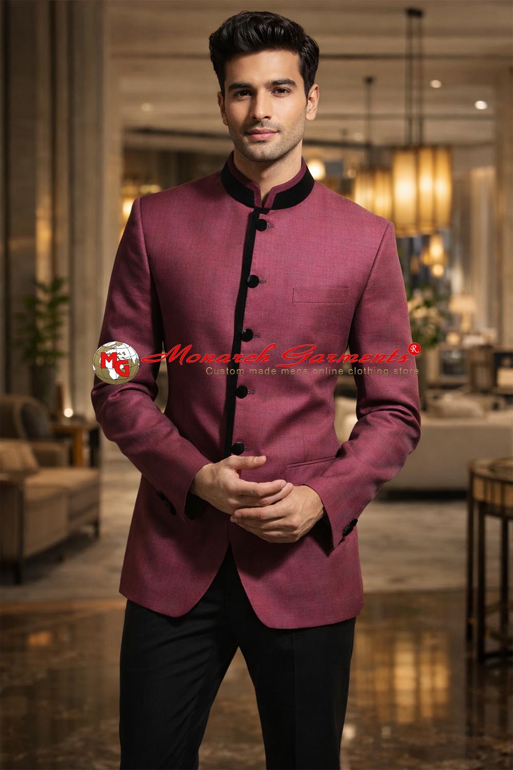 Pink Nehru collar linen suit for men slim fit formal wedding wear India