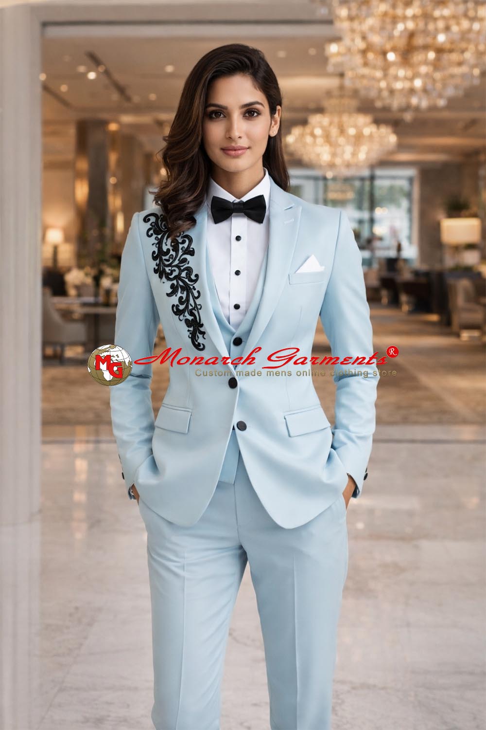 Powder blue embroidered 3 piece slim fit suit for women with black embroidery detailing
