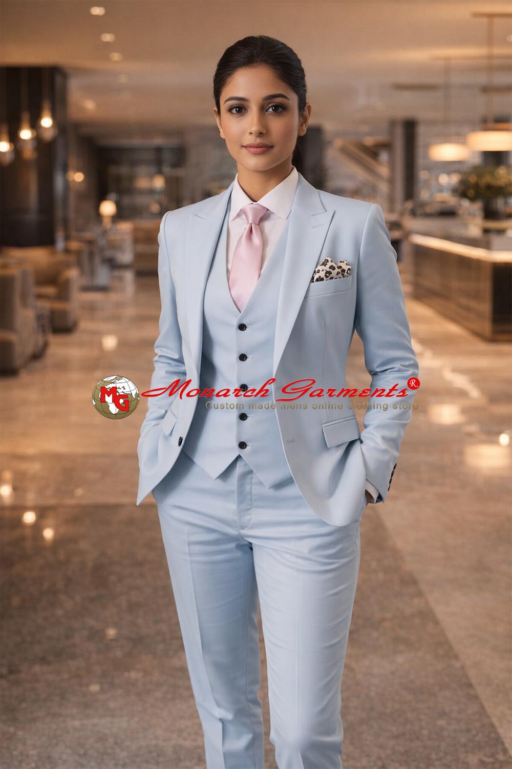 Powder blue 3 piece slim fit formal suit for women with blazer waistcoat and tailored trousers