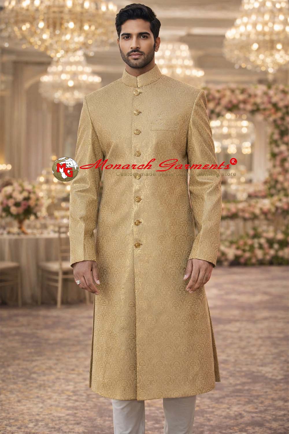 Gold jacquard wedding sherwani for men with bandhgala collar and paisley woven pattern by Monarch Garments