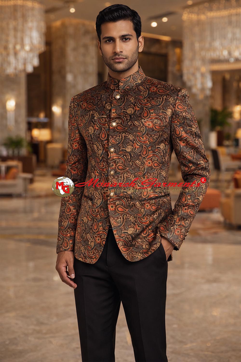 Printed grey velvet Jodhpuri suit for men with paisley design bandhgala by Monarch Garments India