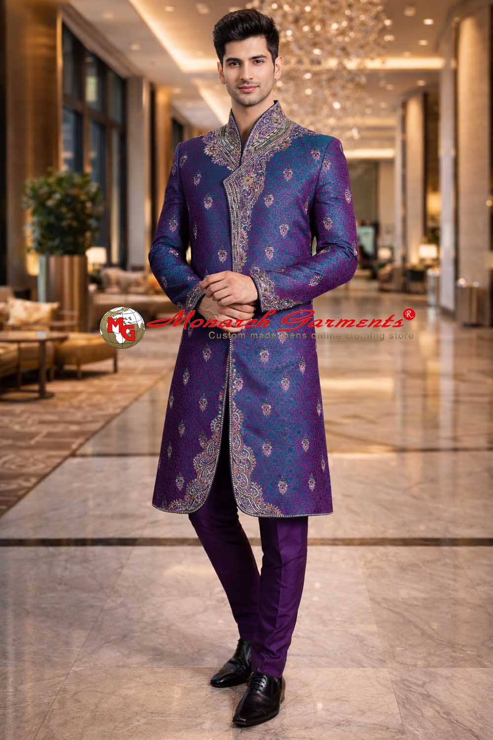 Purple angrakha style embroidered Indo Western suit for men in brocade fabric wedding wear