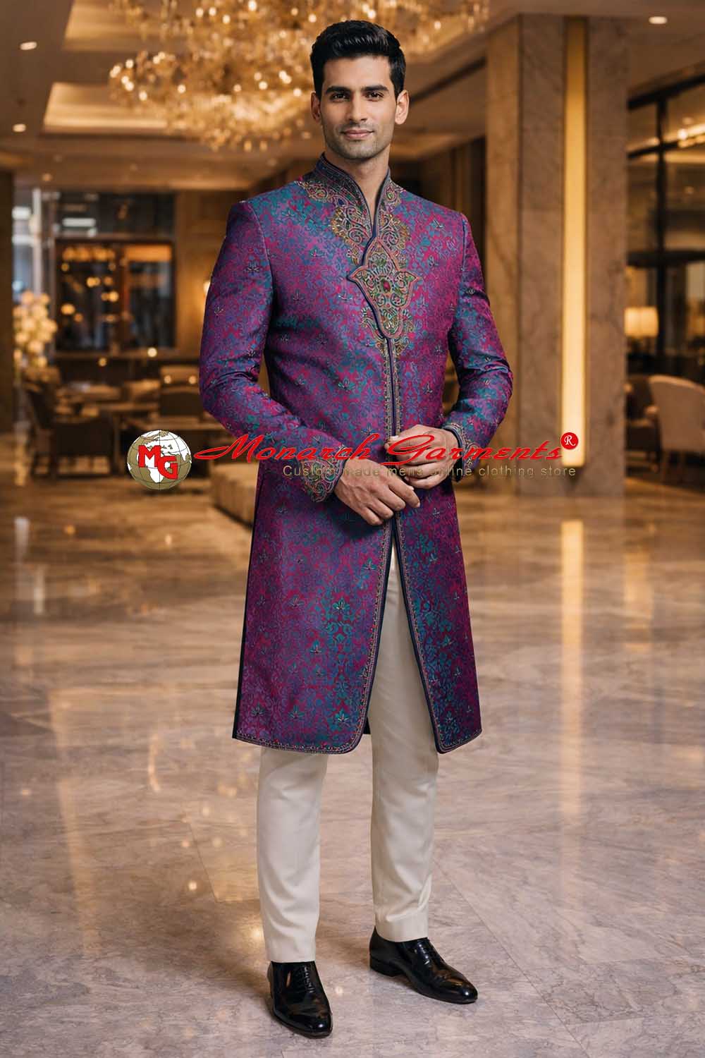 Purple angrakha style Indo western suit for men embroidered wedding wear India