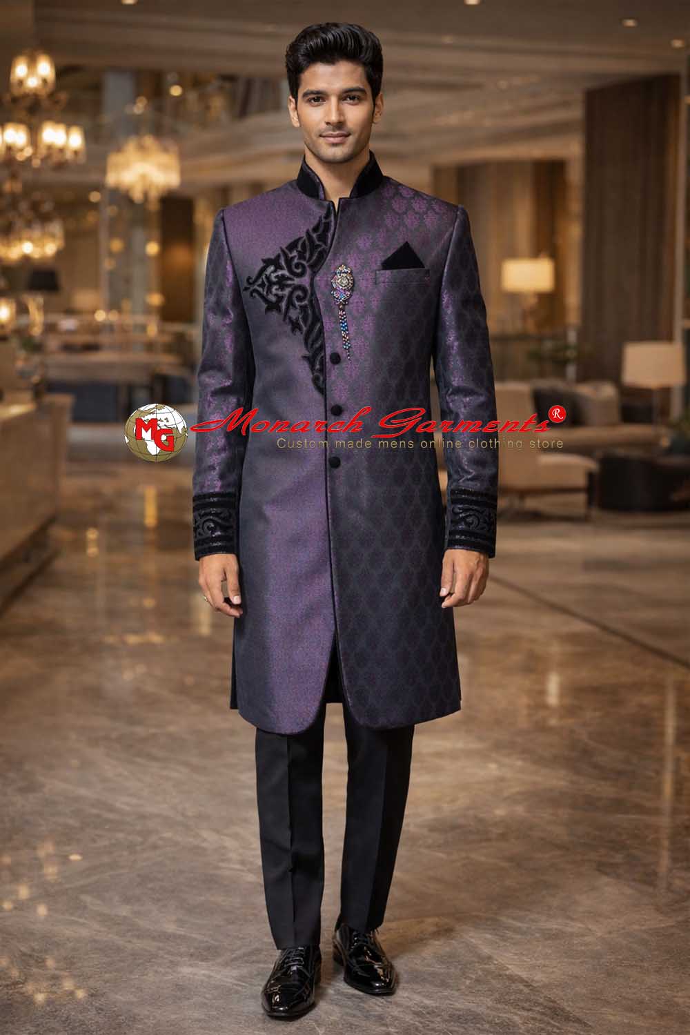 Purple brocade Indo Western suit for men with black velvet patch work and Nehru collar for wedding wear India
