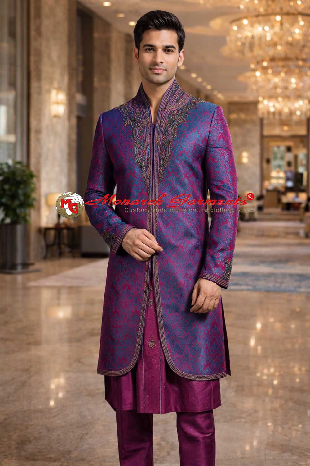 Purple brocade Indo Western suit for men with high neck embroidery and pink trouser for wedding wear India