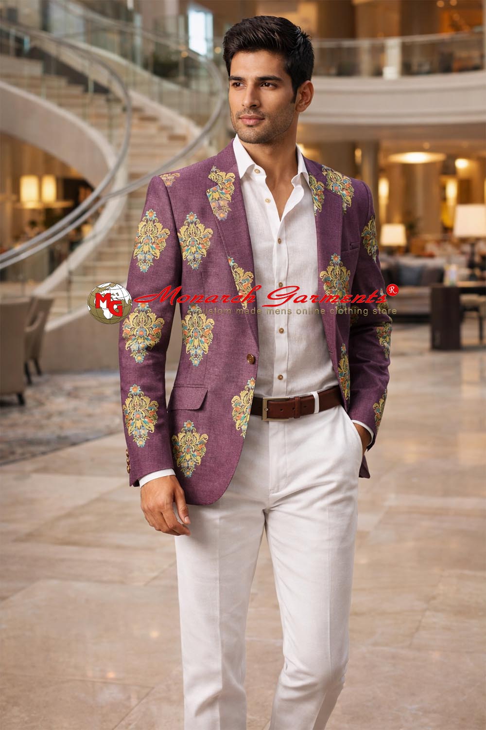 Purple designer embroidered slim fit blazer for men with notch collar by Monarch Garments