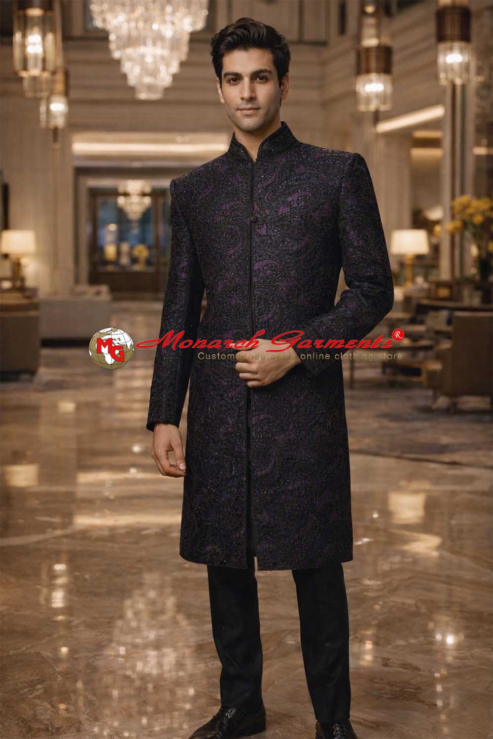 Purple dupion Indo Western suit for men with black embroidery and Nehru collar for wedding wear India