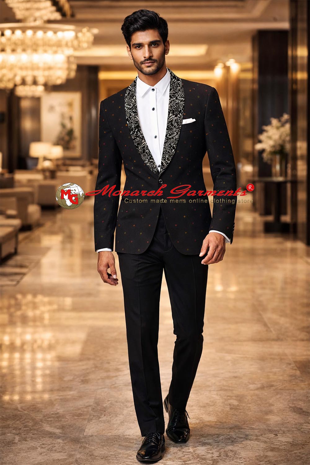 Men’s purple gray velvet slim fit blazer with polka dot print and paisley shawl lapel for wedding reception and luxury evening wear