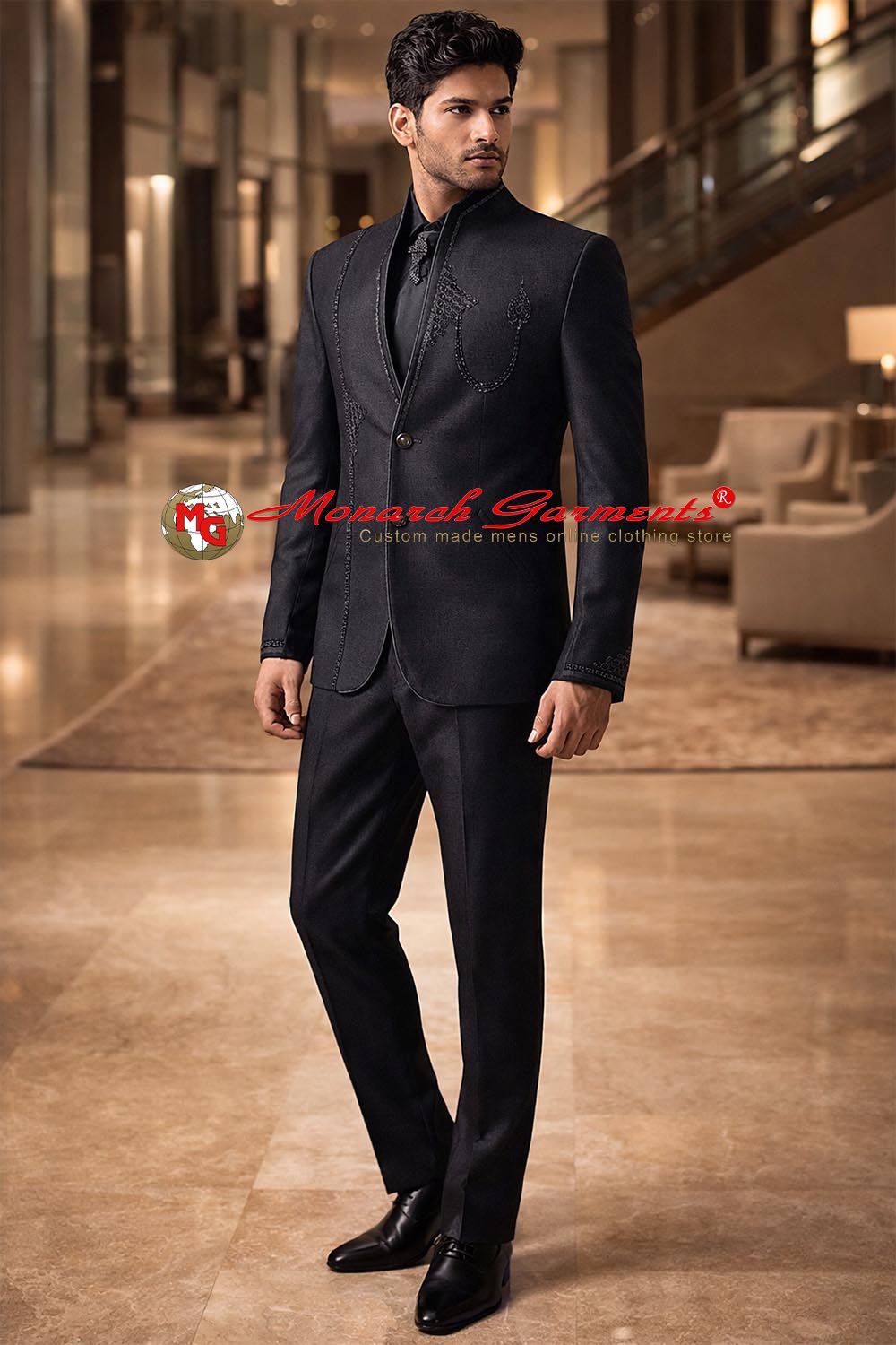 Men wearing purple grey embroidered Jodhpuri suit with bandhgala jacket for wedding and formal occasions by Monarch Garments India