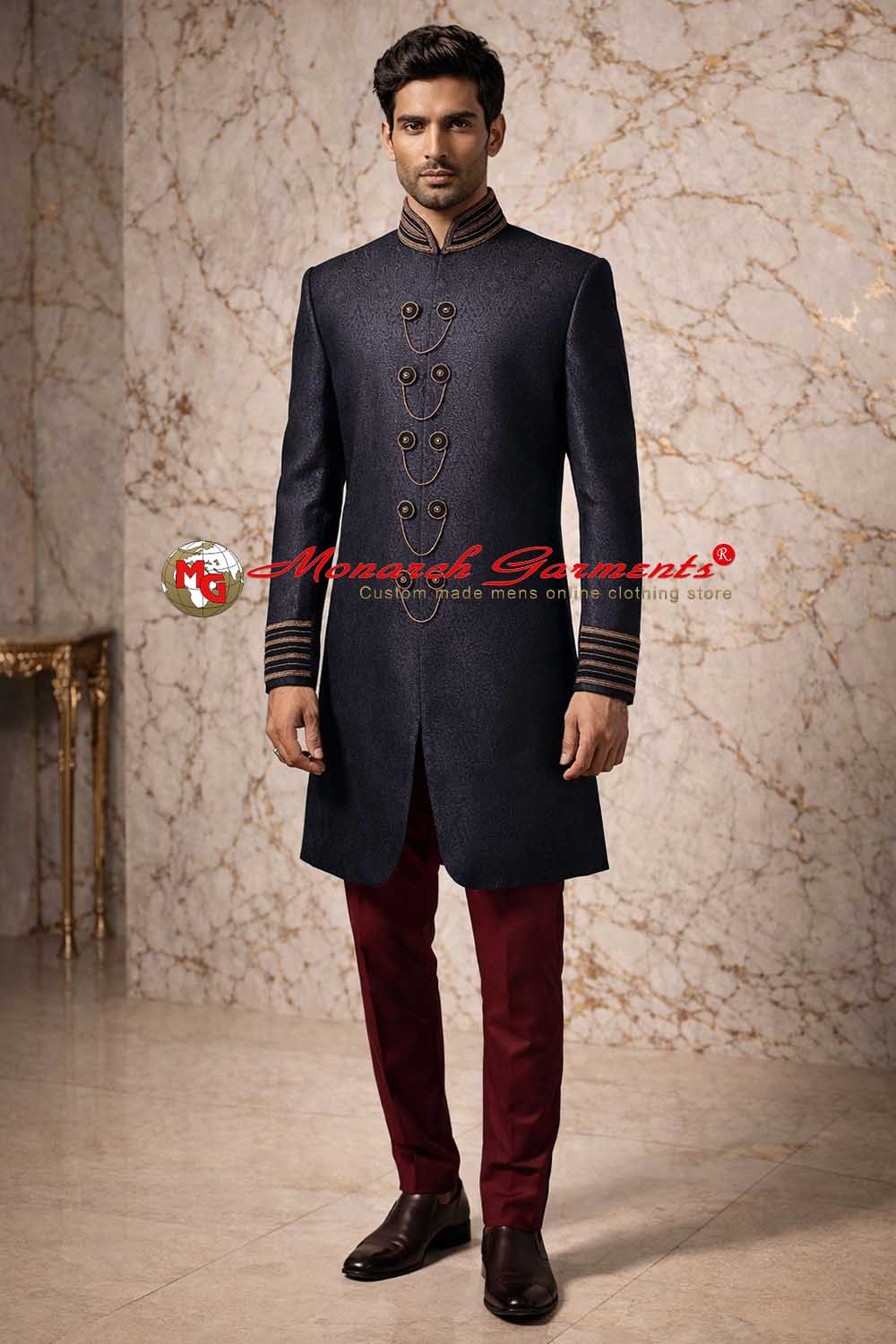 Purple grey Indo Western suit with maroon dupion pant for men wedding wear