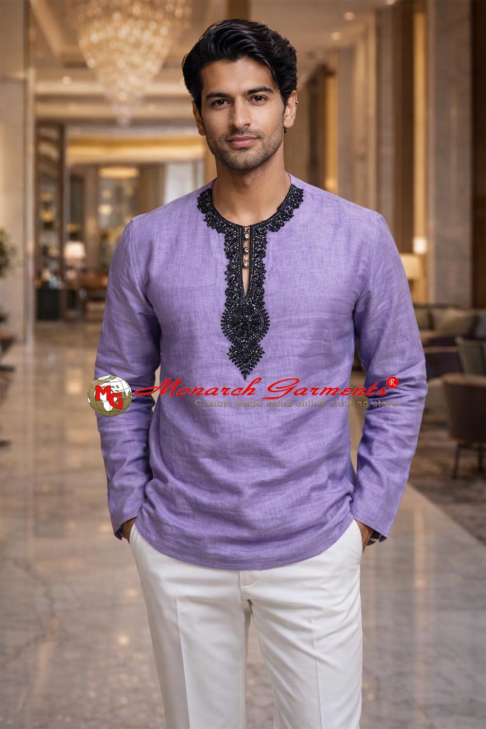 Purple embroidered linen tunic for men V-neck summer wedding wear India