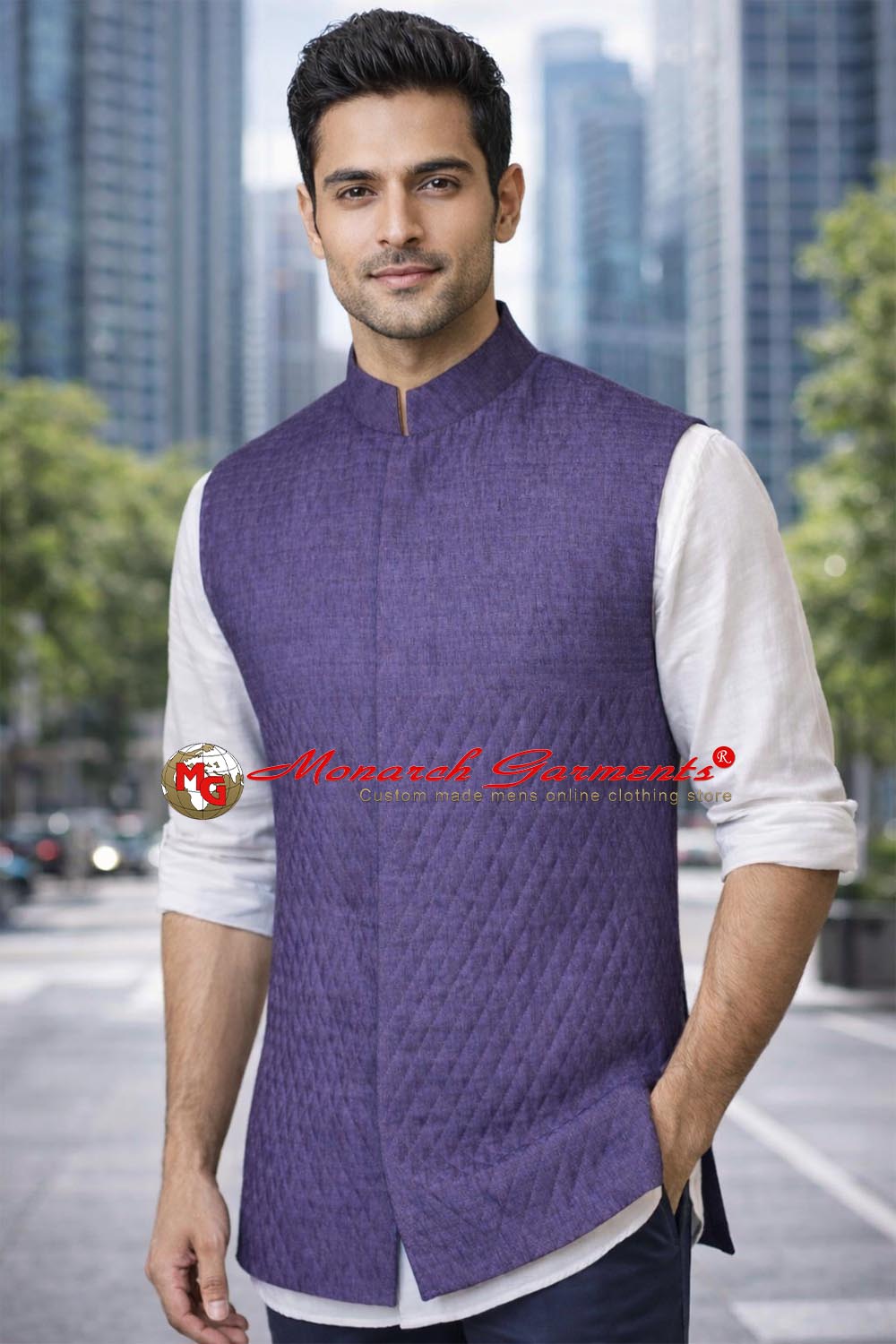 Purple linen Nehru vest for men hidden button tailored fit wedding wear India