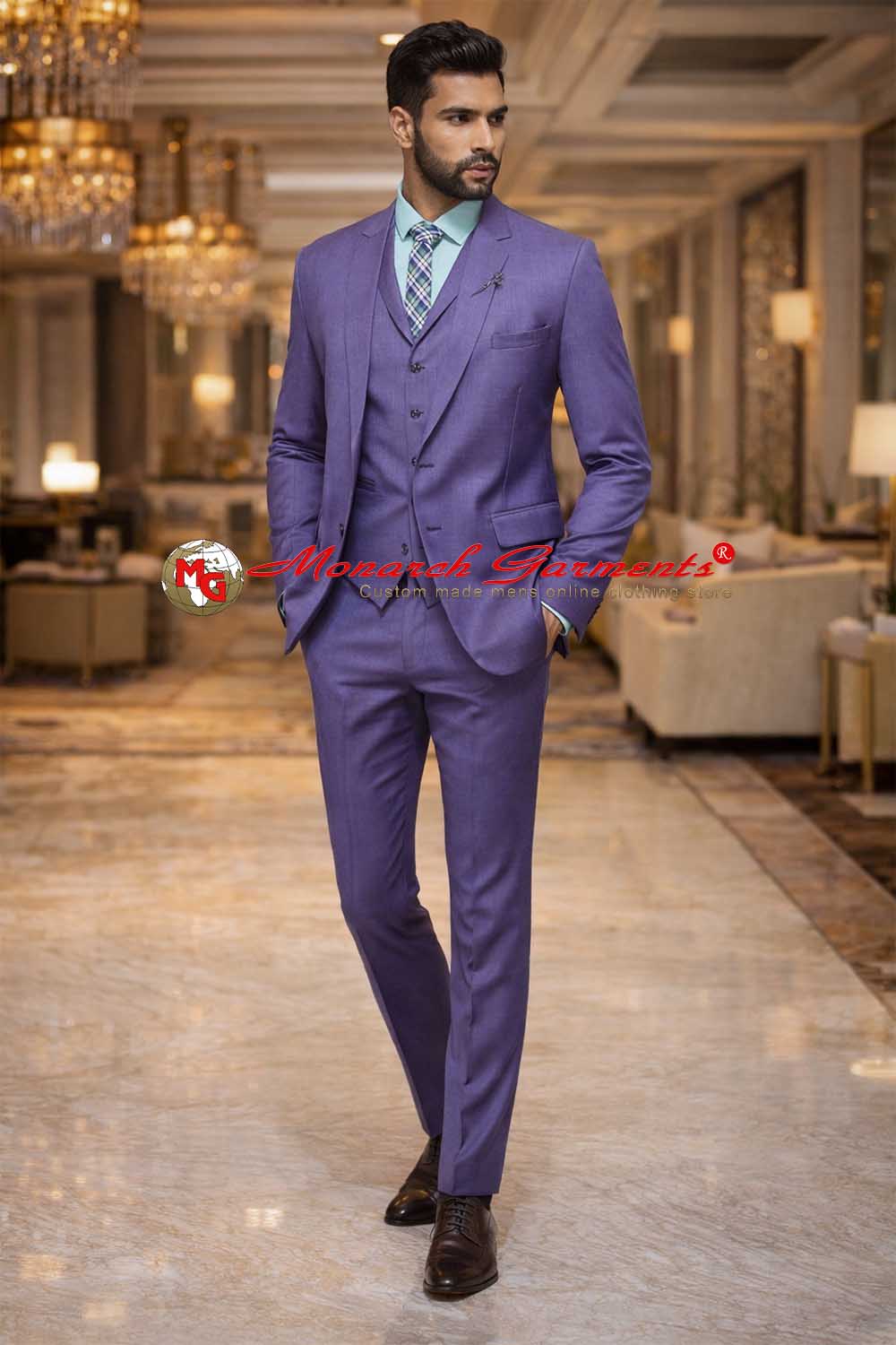 Purple tuxedo suit for men slim fit notch lapel groom wedding outfit
