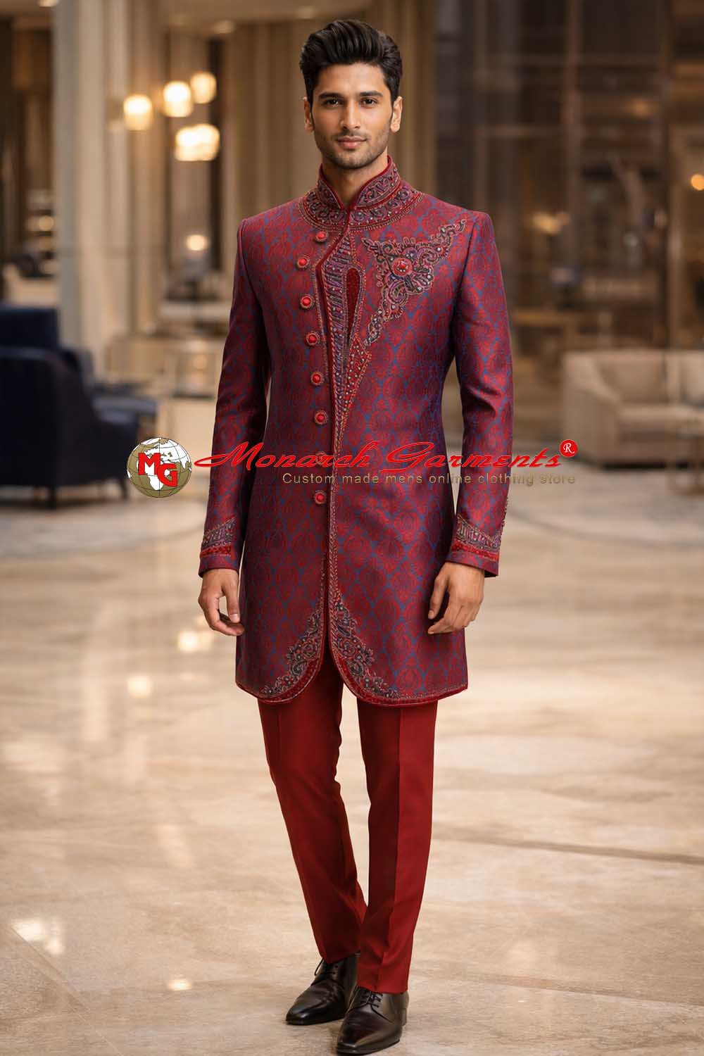 Purple two tone brocade Indo Western sherwani for men groom wedding slim fit India