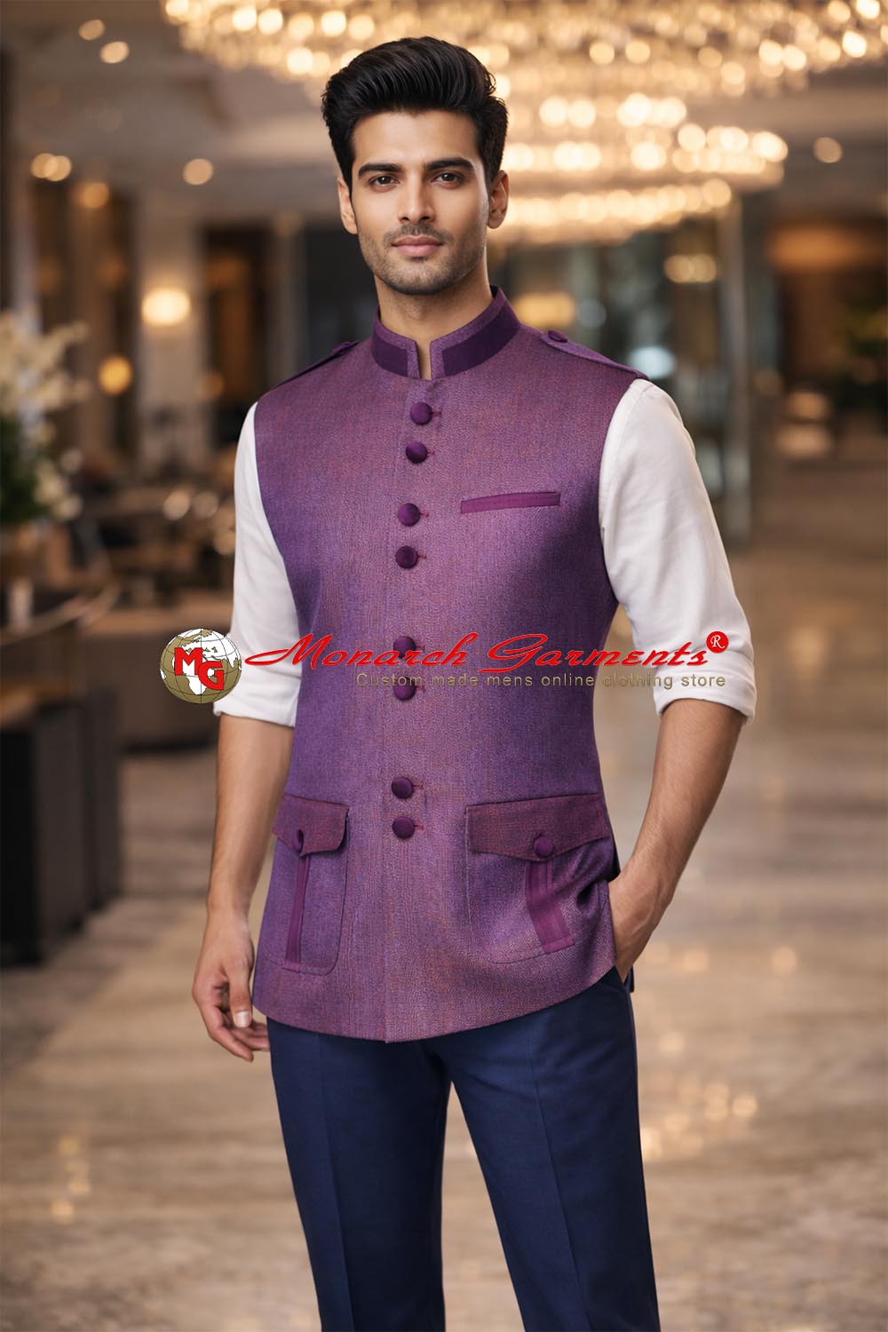 Purple wine Nehru vest for men in jute fabric safari style wedding wear India