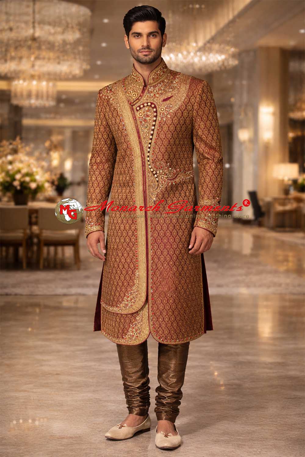 Ravishing rose and gold embroidered brocade wedding sherwani for men, luxury groom outfit by Monarch Garments India
