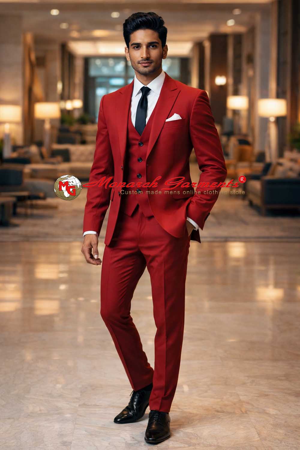 Red 3 piece suit for men slim fit with blazer vest and trousers for wedding wear India
