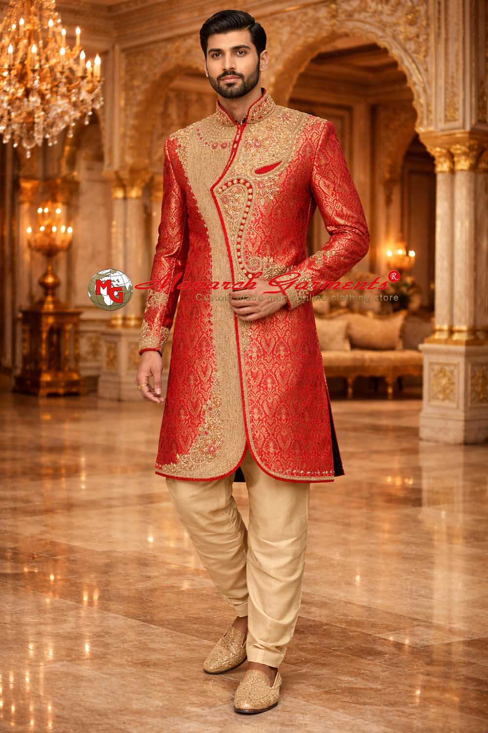 Red brocade embroidered groom sherwani with gold detailing and beige churidar for Indian wedding by Monarch Garments