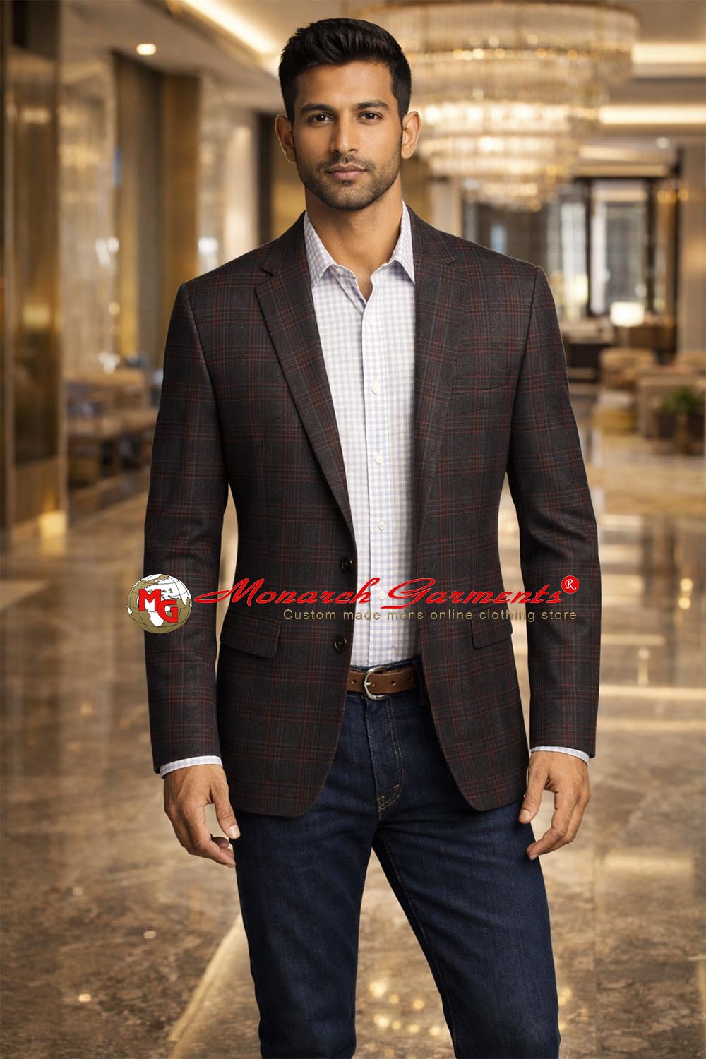 Men wearing red brown checkered blazer with jeans for office and smart casual occasions India