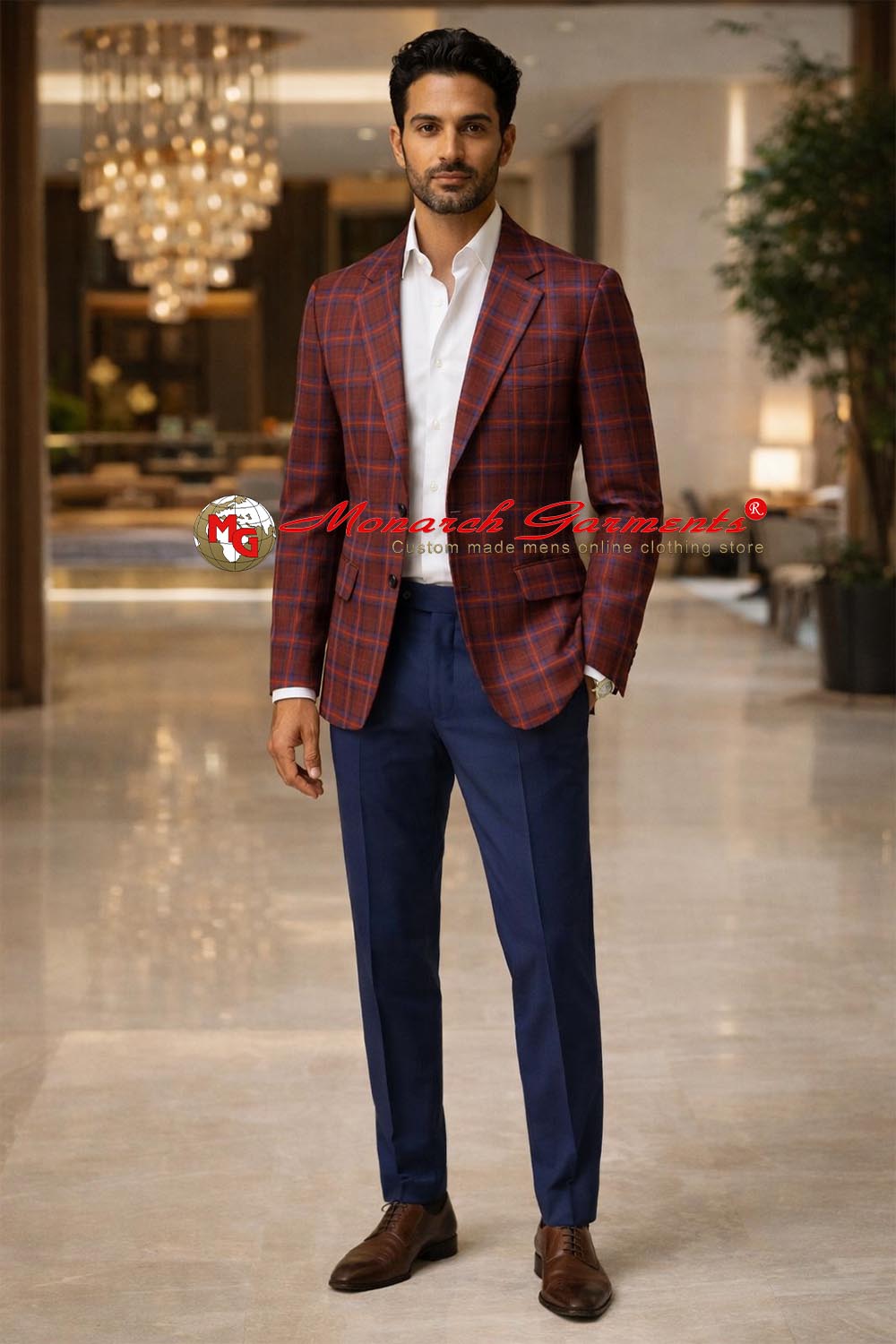 Men wearing red checkered blazer with white shirt and navy trousers for formal and party wear occasions