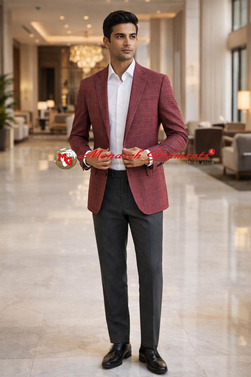 Men wearing red checkered blazer with white shirt and dark trousers for smart casual and semi formal occasions