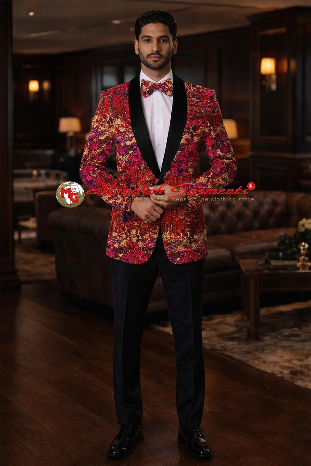 Red designer floral slim fit wedding blazer with black shawl lapel for men by Monarch Garments