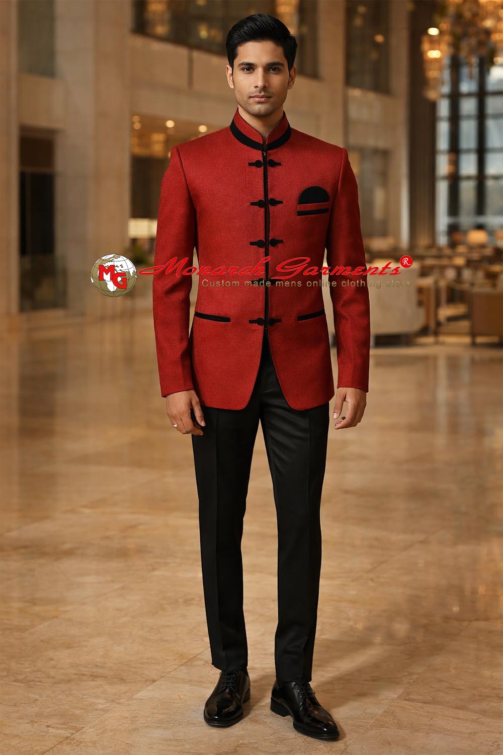 Red designer jodhpuri suit with black velvet trimming and black trousers for men