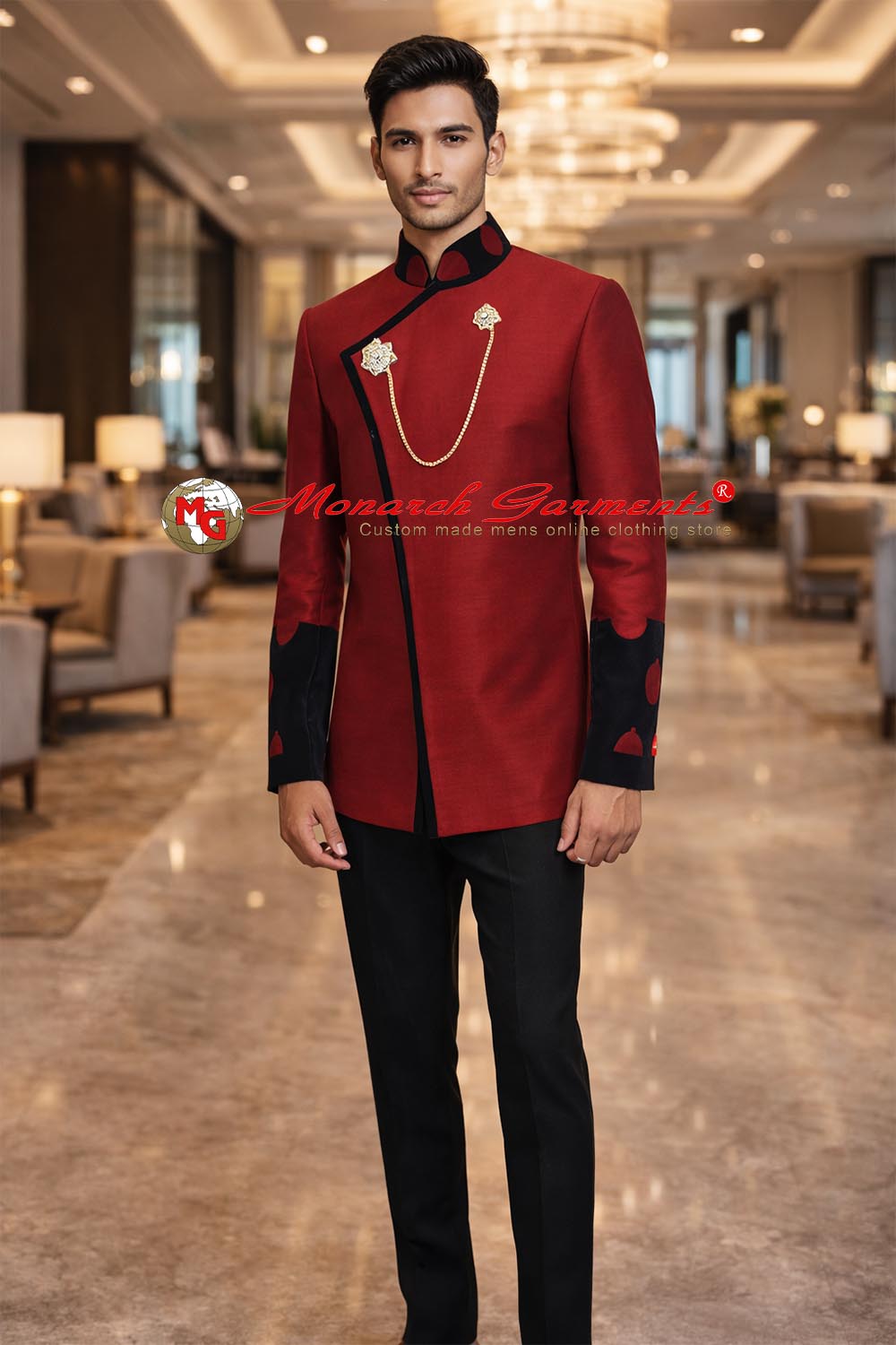 Red dupion Jodhpuri suit for men with black velvet trim and breeches wedding wear