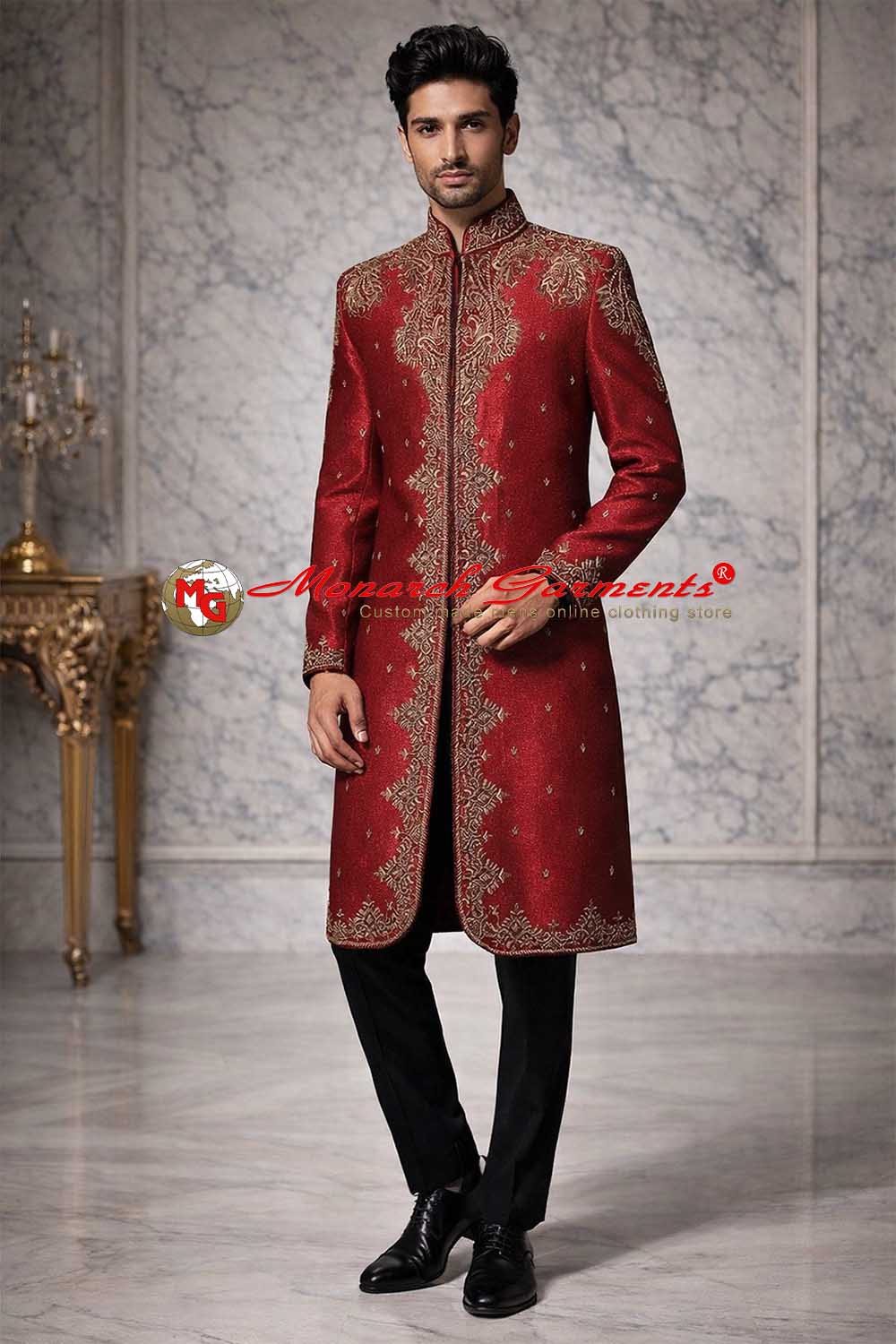 Red dupion silk Indo Western suit with heavy embroidery for men wedding wear