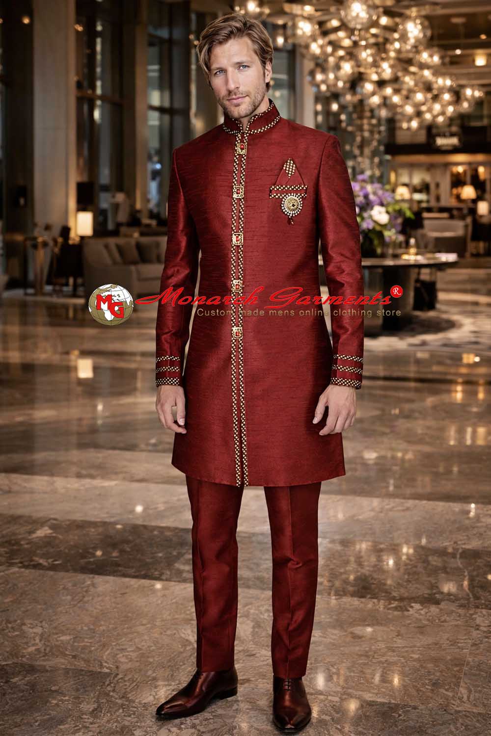 Red dupion silk Indo Western suit for men wedding wear slim fit India