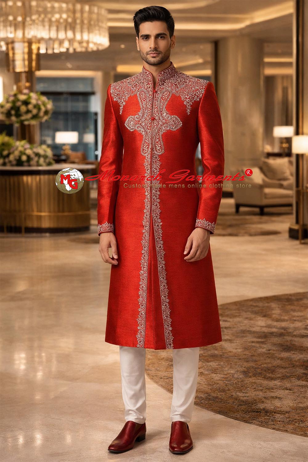 Red dupion silk sherwani for men with hand embroidery and white chudidar pyjama