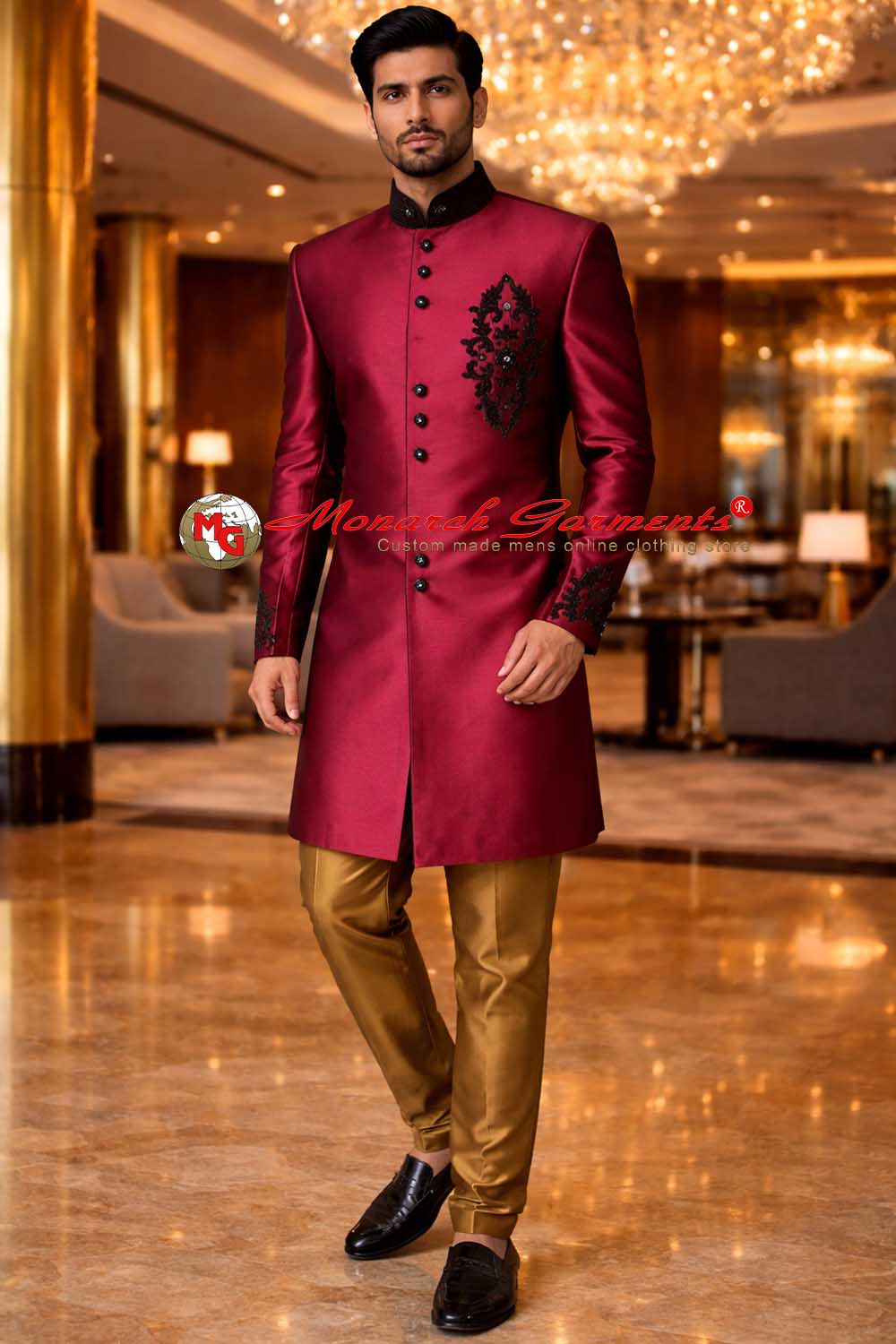 red embroidered groom sherwani with copper salwar indian wedding outfit monarch garments