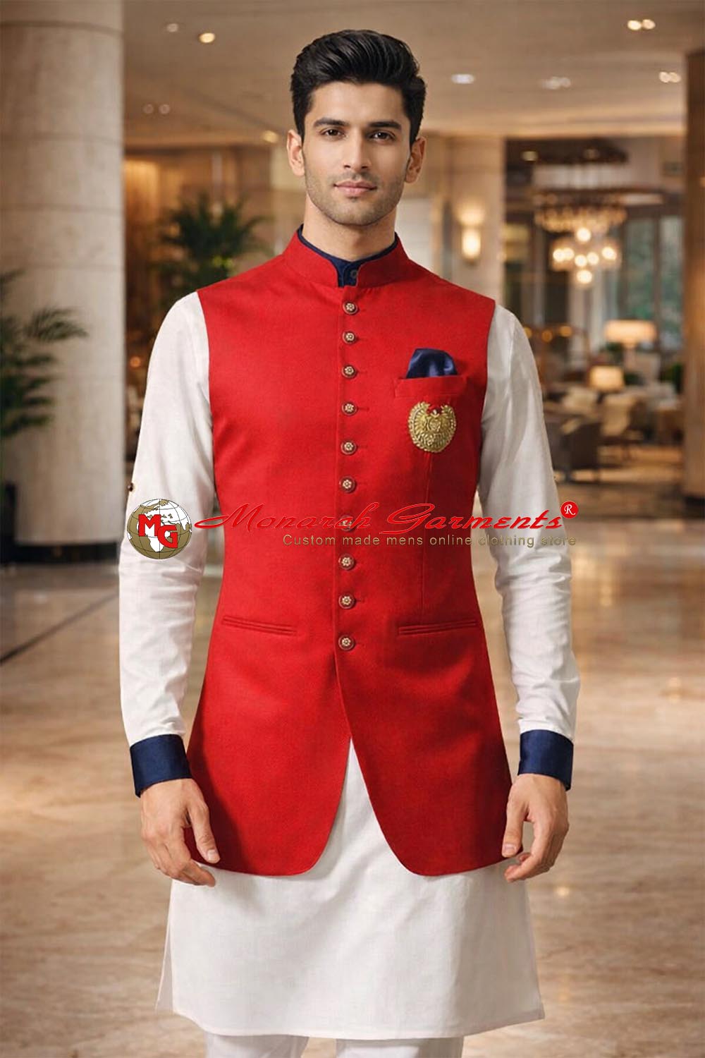 Red embroidered Nehru vest for men slim fit wedding waistcoat with crest design